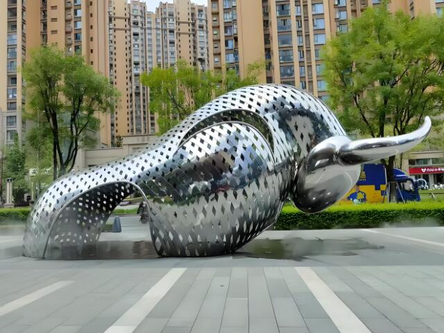 戶外景觀抽象鏤空不銹鋼牛雕塑定制